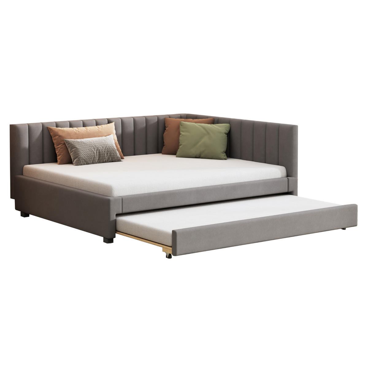 POLSTERBETT Einzelbett 140/200 cm aus Samt mit ausziehbarem Unterbett Grau - Grau, Leder (140/200cm) - Modenvie