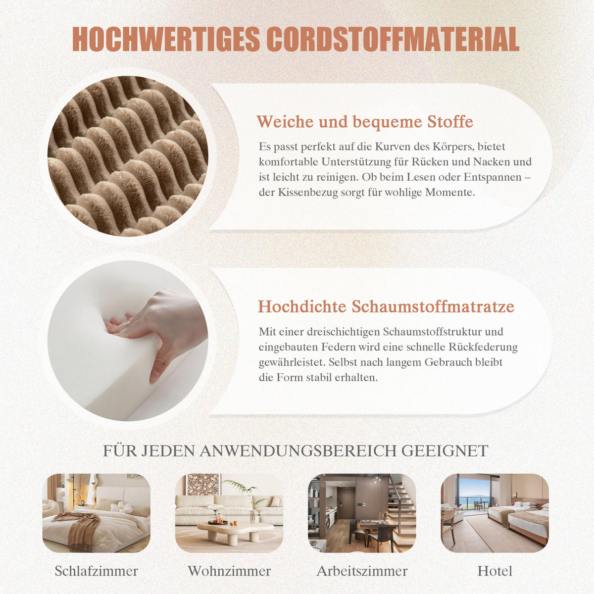 3-STIZER Sofa 263/167/85 cm mit Hocker, Cordbezug, Seitentaschen und Federkern, Khaki - Beige, Textil (263/85/167cm) - Redom