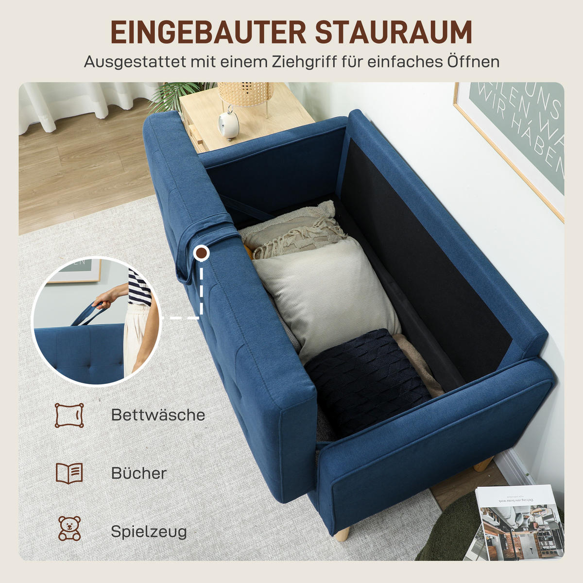 ZWEISITZER-SOFA DE-06501 Knopfheftung, Kautschukholz Blau - Blau, Holz/Textil (117/78/62cm) - ComfortXL