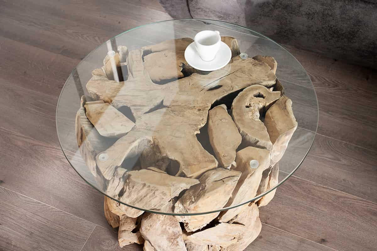 COUCHTISCH RIVERSIDE Teakholz rund Natur|Transparent 60cm - Transparent/Braun, Glas/Holz (60/60/40cm) - riess-ambiente