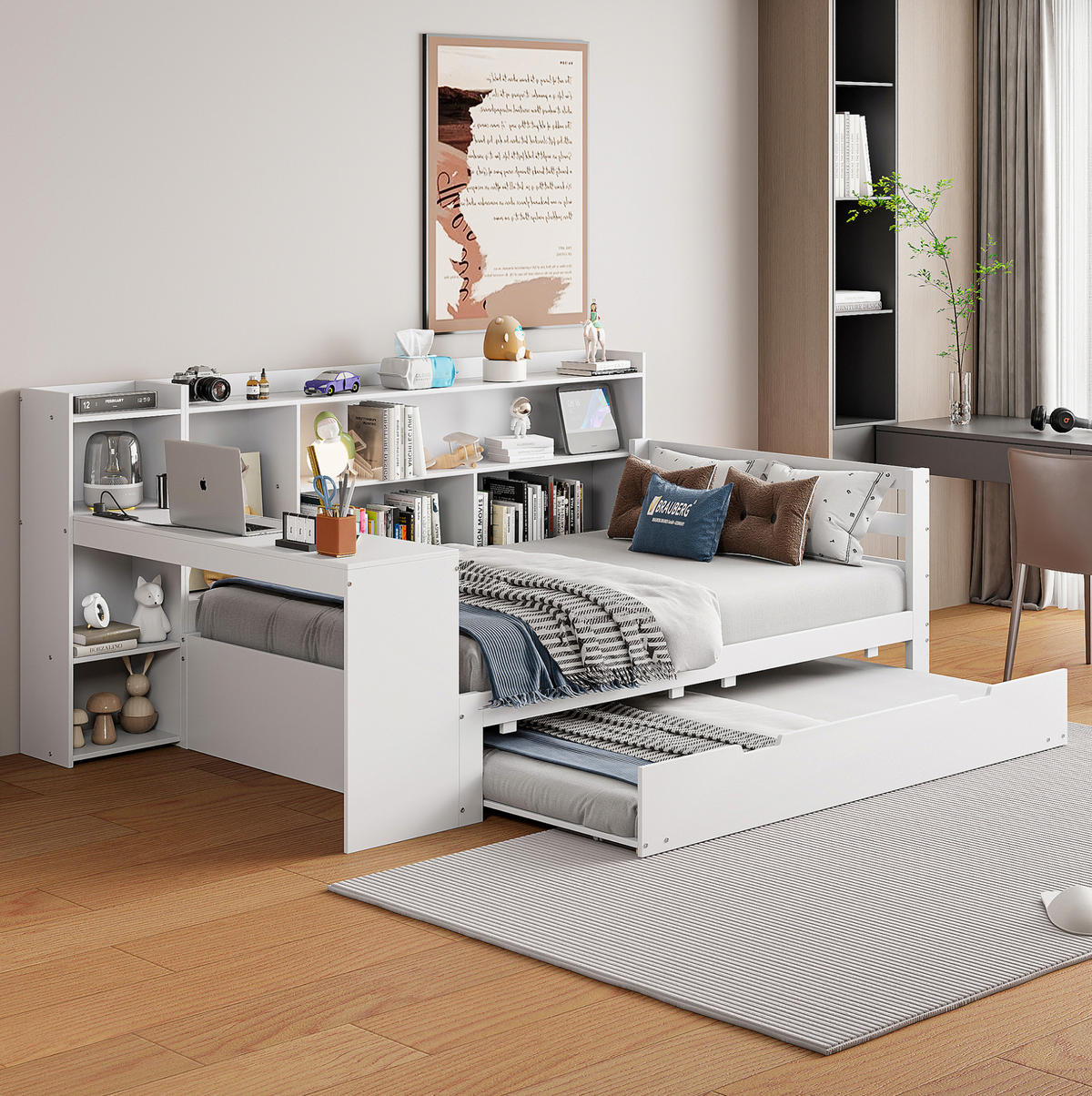 MULTIFUNKTIONSBETT 90/200 cm mit Ausziehbett, Schreibtisch, Regalen und Steckdose, Weiß - Weiß, Holzwerkstoff (90/200cm) - Redom