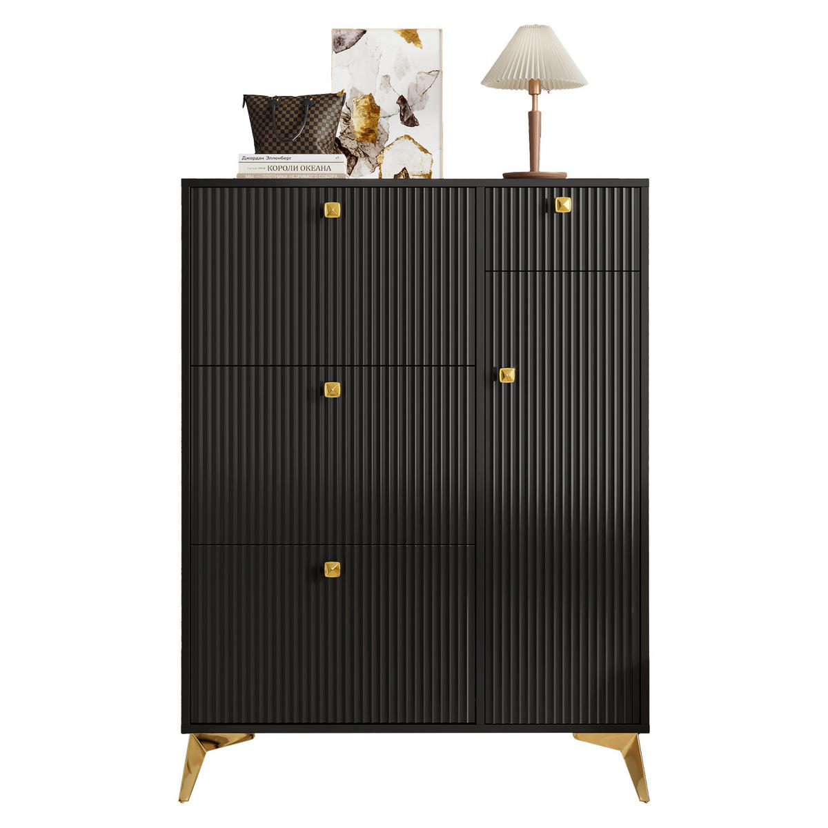 SCHUHSCHRANK mit Wellenfront & Metallgriffen, Holzoptik, Einheitsgröße / Spanplatte + Metall - Goldfarben/Schwarz, Holzwerkstoff/Metall (90/121/25cm) - EVRYAE