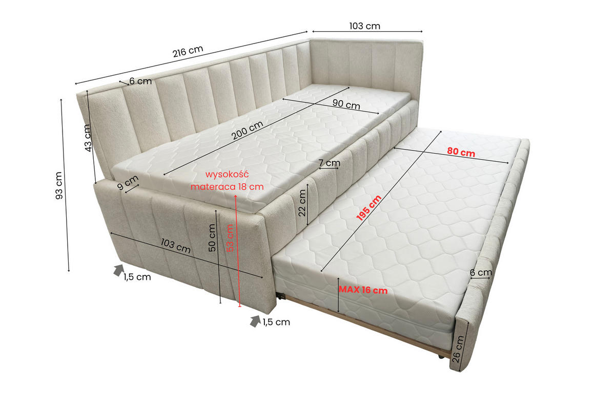 POLSTER-KINDERBETT LUKA 90x200 cm, rechts, mit Ausziehbett – Hellblau - Hellblau, Textil - KS Home Concept
