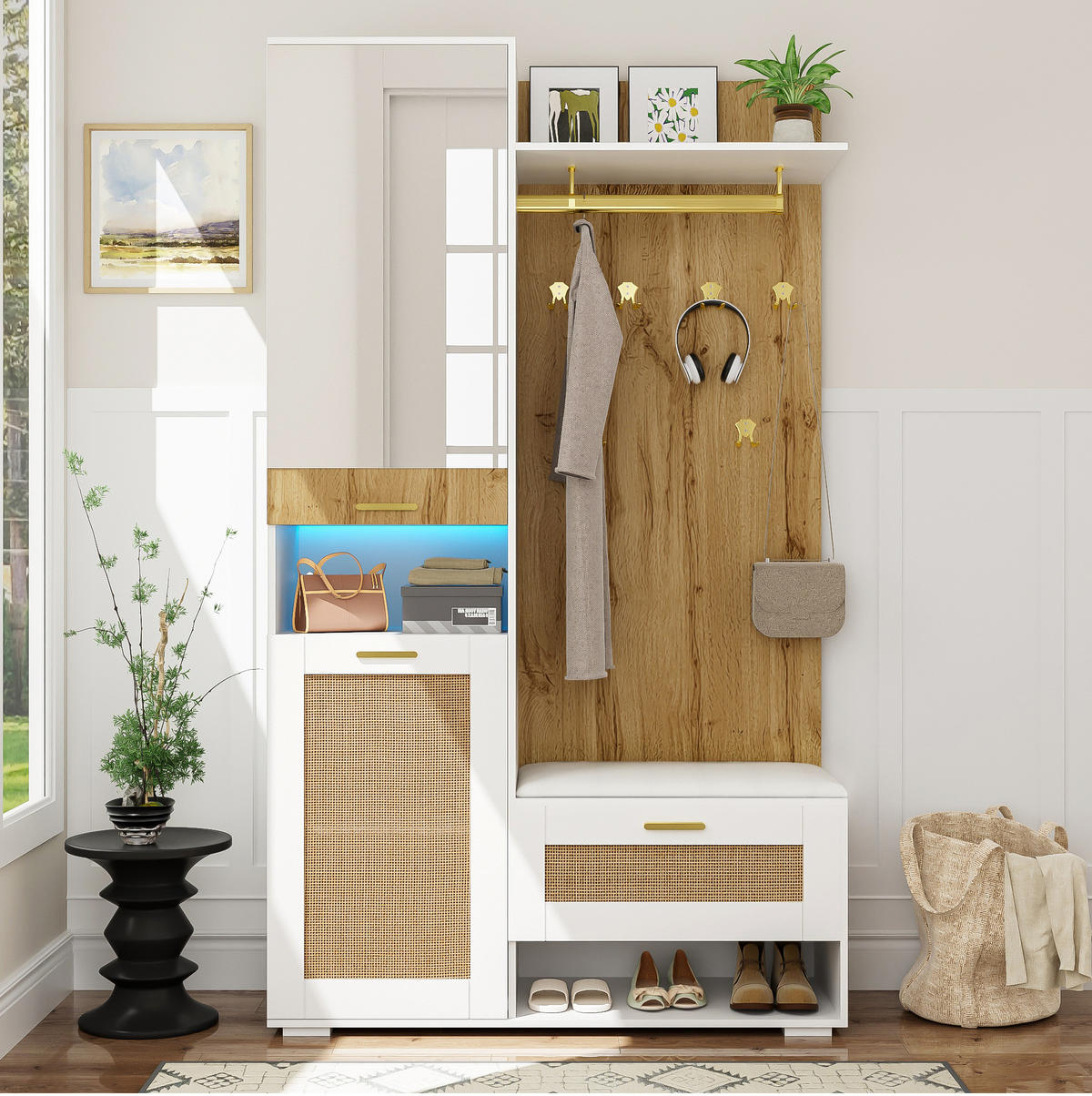 GARDEROBEN-SET mit Spiegel und LED 110 x 38 x 190 cm Weiß Holzoptik - Weiß, Metall (38/190/110cm) - Beauniv