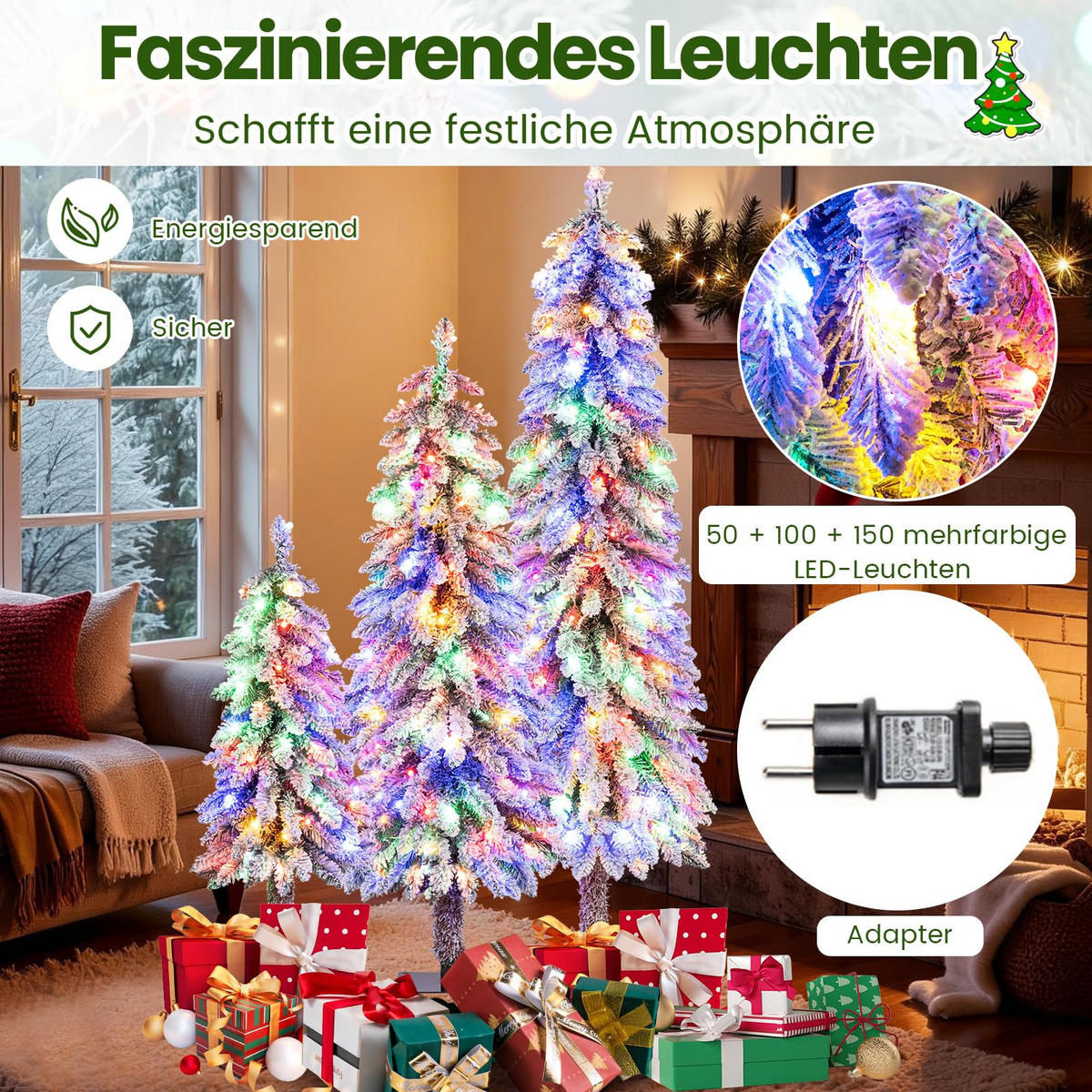 WEIHNACHTSBAUM Tannenform mit Beleuchtung und Schnee 90/120/150 cm weiß(3-tlg) - Weiß, Metall (150cm) - COSTWAY