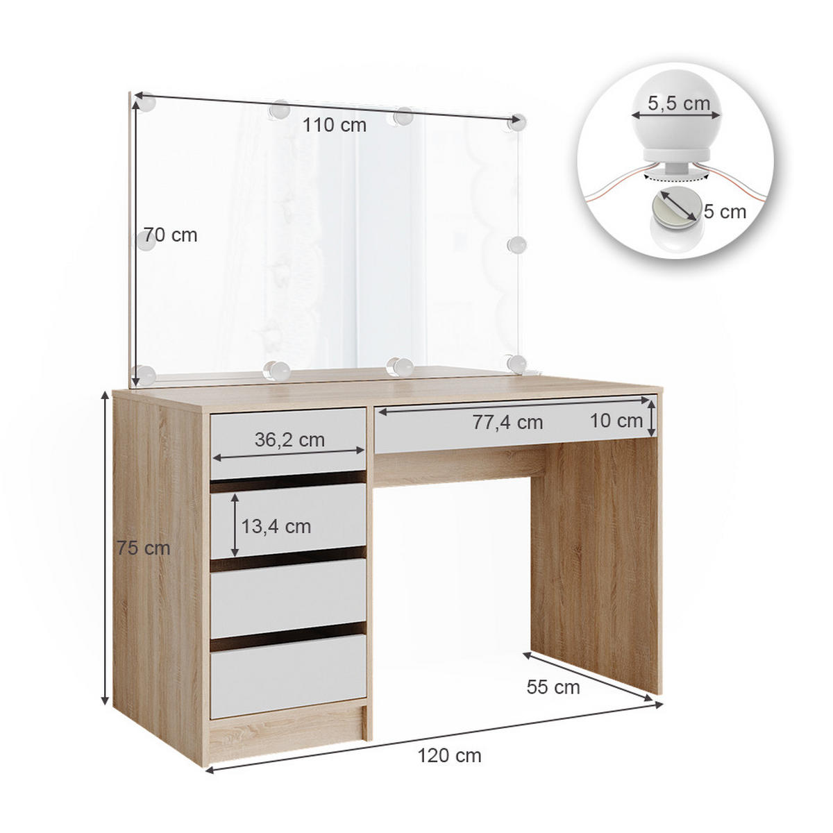 SCHMINKTISCH Sherry Weiß/Sonoma 120 cm mit LED Beleuchtung - Weiß/Sonoma Eiche, Holzwerkstoff (120/75/55cm) - Vicco