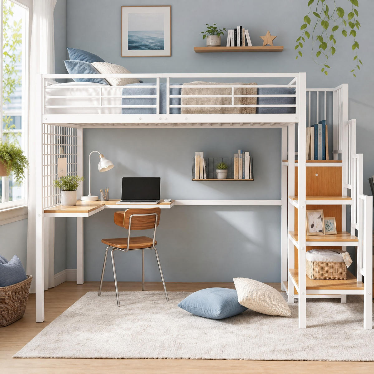HOCHBETT 90/200 mit Kleiderschrank, Tisch und Seitenleiter in Weiß und Natur - Weiß, Holz/Metall (90/200cm) - EVRYAE