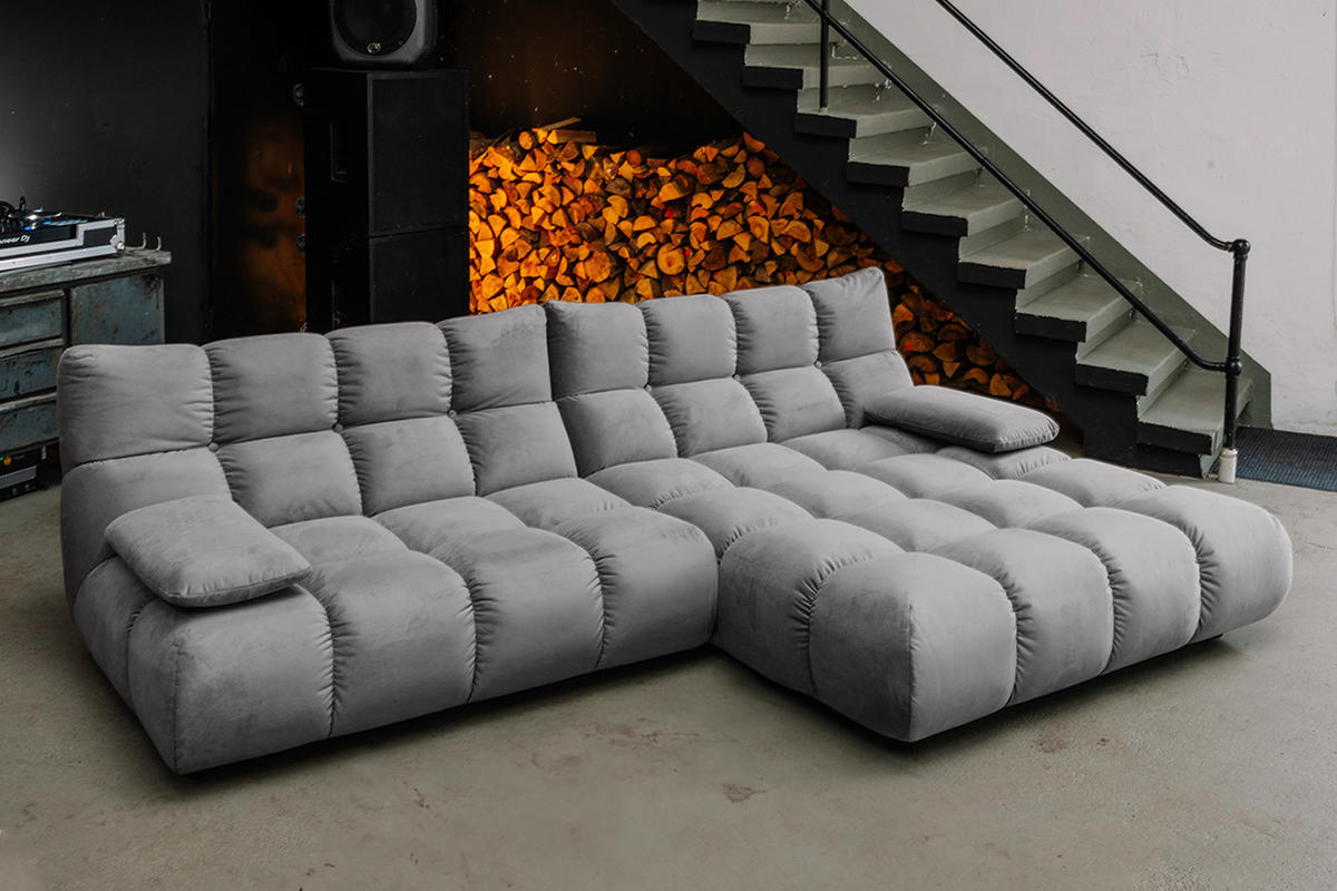 ECKSOFA VIVIEN Steingrau Velvet - Schwarz/Grau, Kunststoff/Textil (290/178cm) - KAWOLA