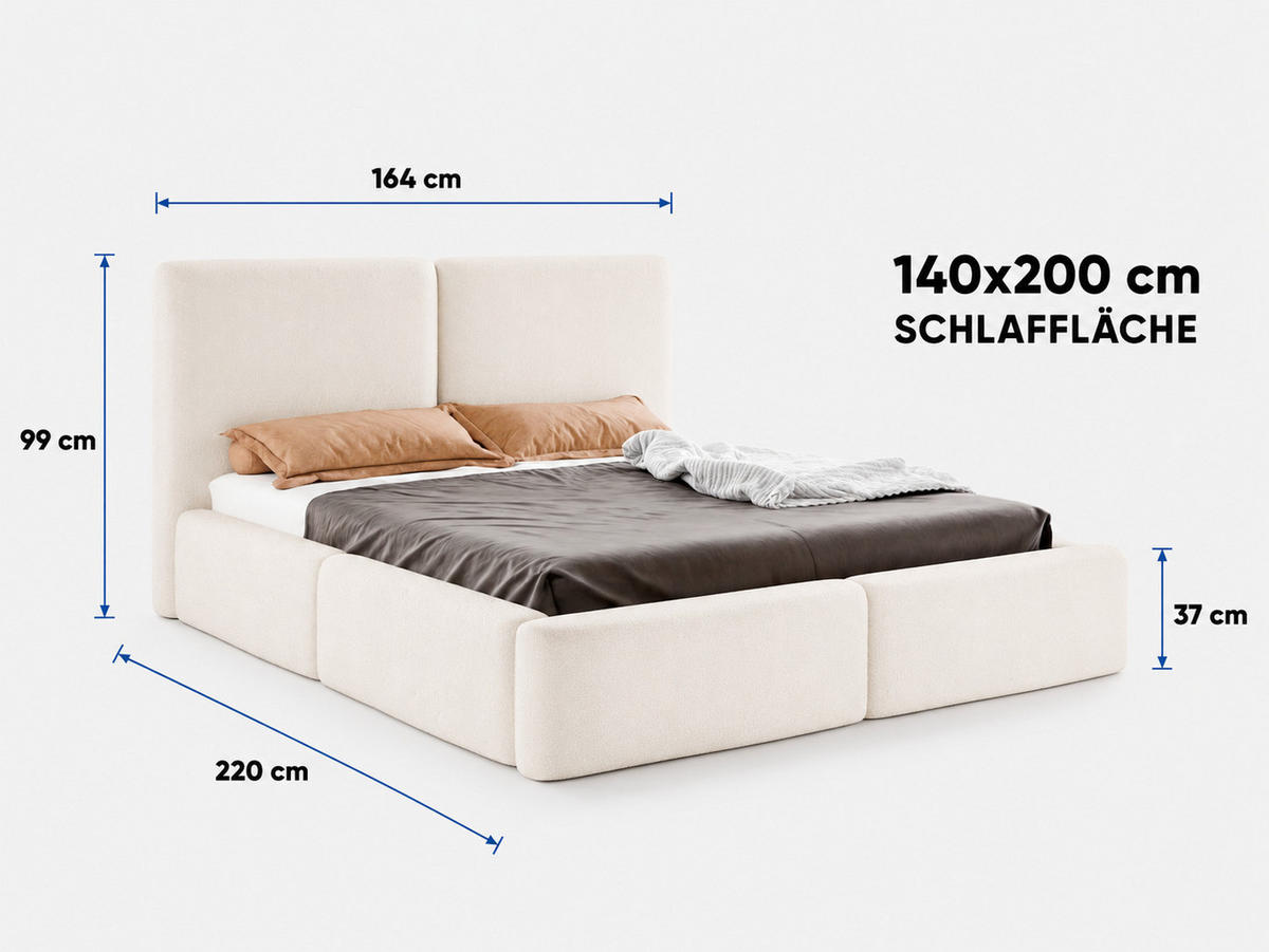 POLSTERBETT LIVIA 140x200 cm mit Bettkasten, Stauraum und Metall-Lattenrost – Bouclé Stoff Weiß - Schwarz/Weiß, Textil/Metall (140/200cm) - Luxkor24