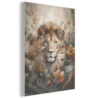 AKUSTIKBILD Löwe - Wildtiere - Pflanzen - Natur - Blumen Kunstdruck Schlafzimmer 50x70 cm - Beige, Kunststoff (50/70/0.9cm) - MuchoWow