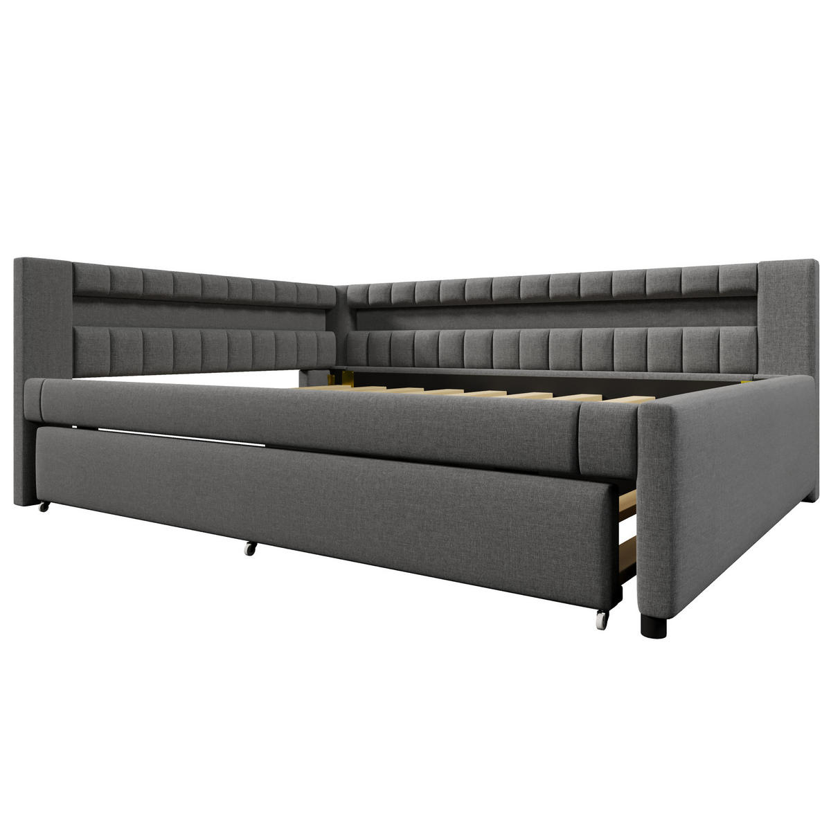 POLSTERBETT 140/200 cm aus Leinen mit LED-Lichtleiste, Ausziehbett, USB- und Type-C-Anschluss, Grau - Grau, Textil (140/200cm) - Redom