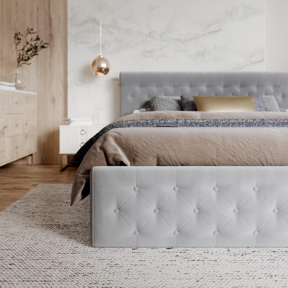 POLSTERBETT PARADISE grau - Birkefarben/Grau, Holzwerkstoff/Metall (140/200cm) - FDM