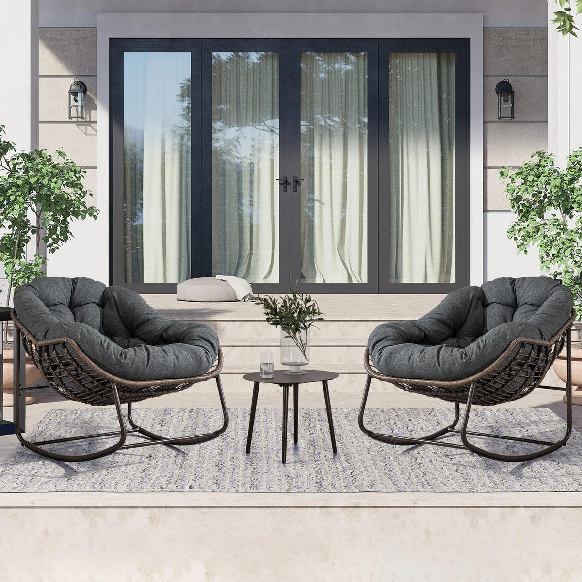 SCHAUKELSTUHL Schaukelsessel,Rattanstuhl mit Stahlrahmen,Grau-Polyester - Graubraun, Metall (94.5/80/111cm) - LVHOM