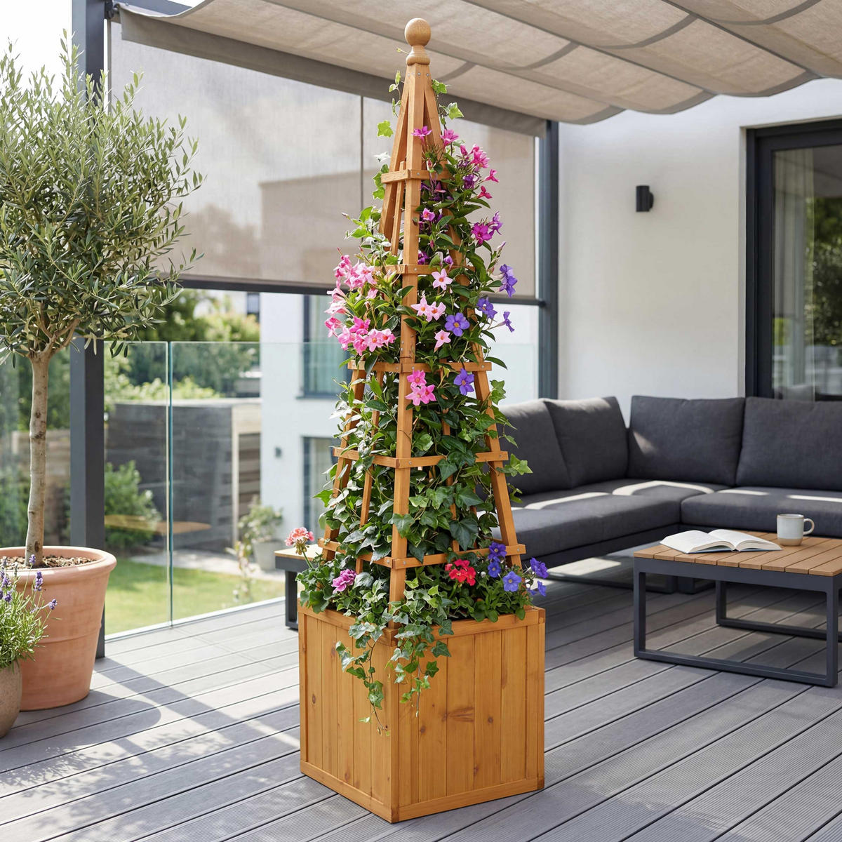 RANKGITTER MIT PFLANZKASTEN Braun - Braun, Holz (168cm) - MCW