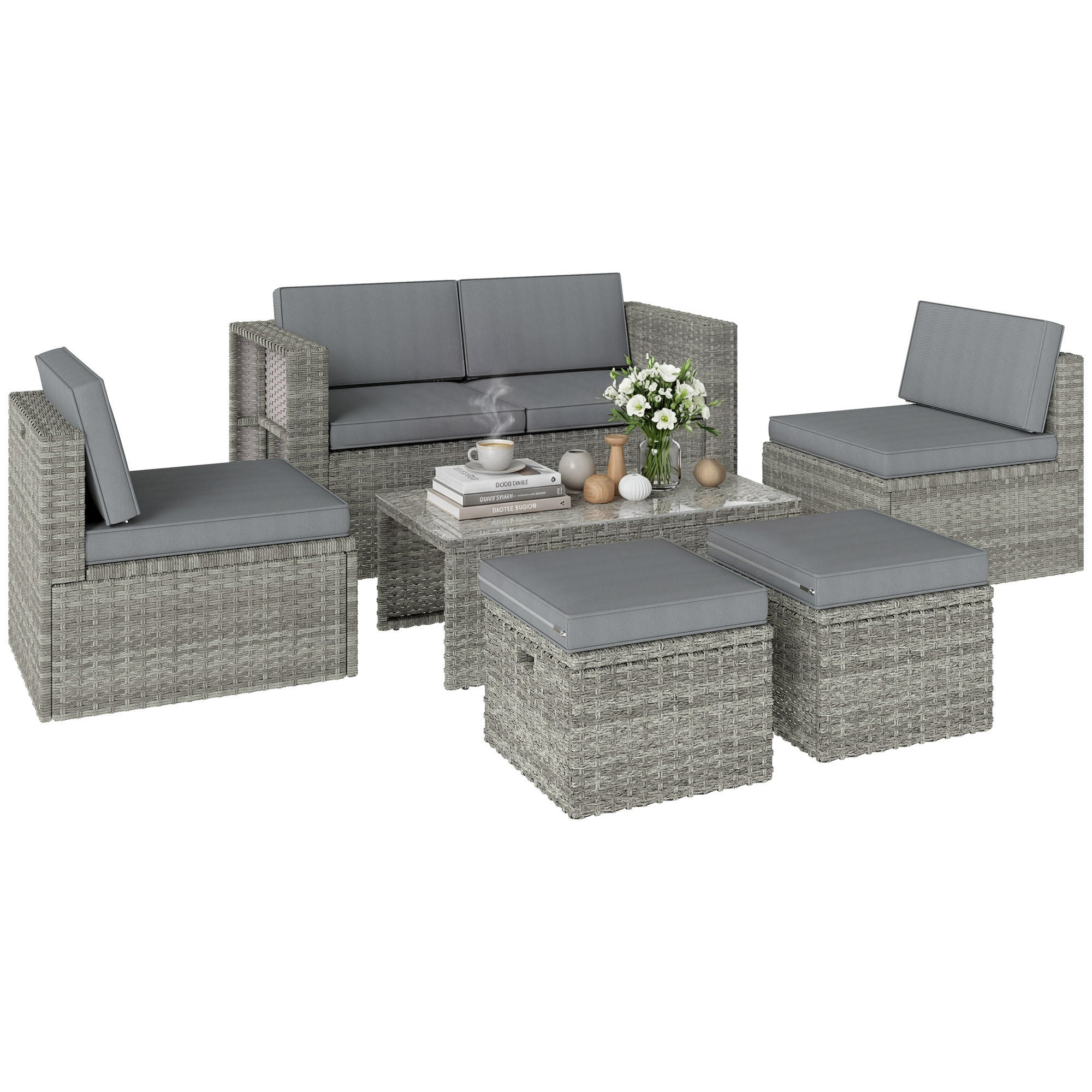 GARTENLOUNGE-SET 6tlg DE-13718 nestbar mit Glastisch Grau - Dunkelgrau, Metall - ComfortXL
