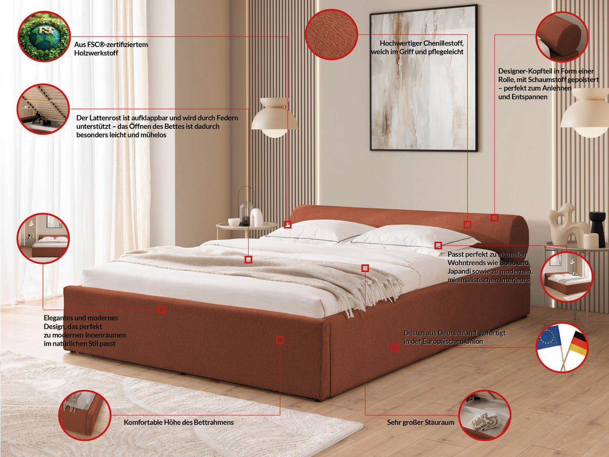 POLSTERBETT 180/200 cm Josy im Designer-Look mit Bettkasten und Lattenrost aus Terrakotta Chenille-Stoff - Terra cotta/Schwarz, Holz/Kunststoff (180/200cm) - S-Style Möbel