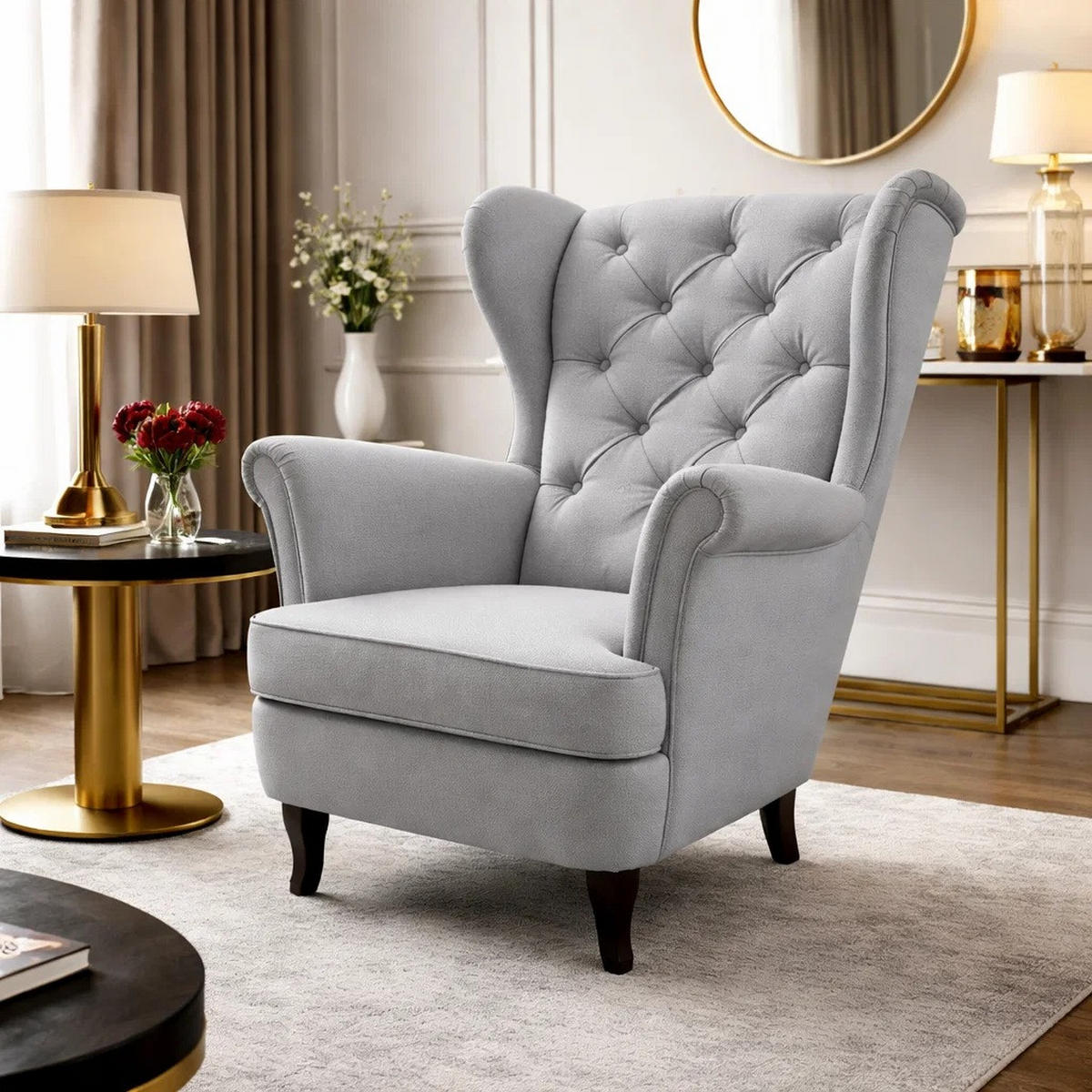 CHESTERFIELD-SESSEL Falco hellgrau mit Holzbeinen - Wengefarben/Hellgrau, Holz/Textil (82/102/92cm) - Beautysofa