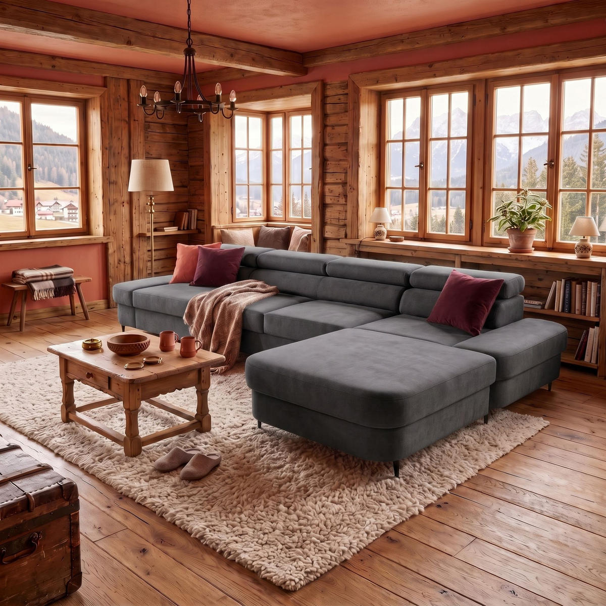 ECKSOFA JAZZ MAXI Rechts mit Schlaffunktion 125x195 Velours Dunkelgrau - Dunkelgrau/Schwarz, Holz/Textil (203/350cm) - Muffo