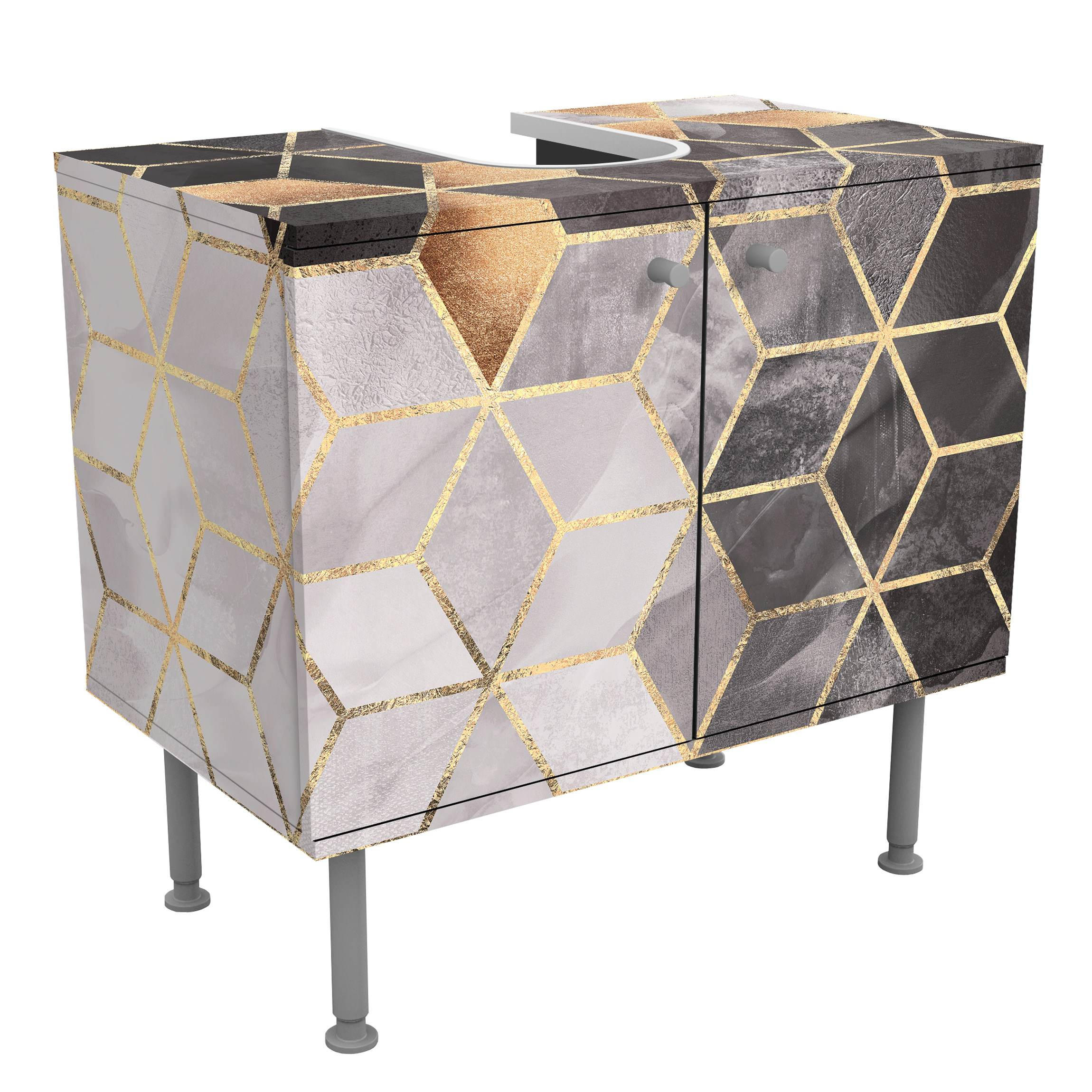WASCHBECKENUNTERSCHRANK Schwarz Weiß goldene Geometrie 60/55/35 cm - Schwarz, Holzwerkstoff (60/55/35cm) - Bilderwelten