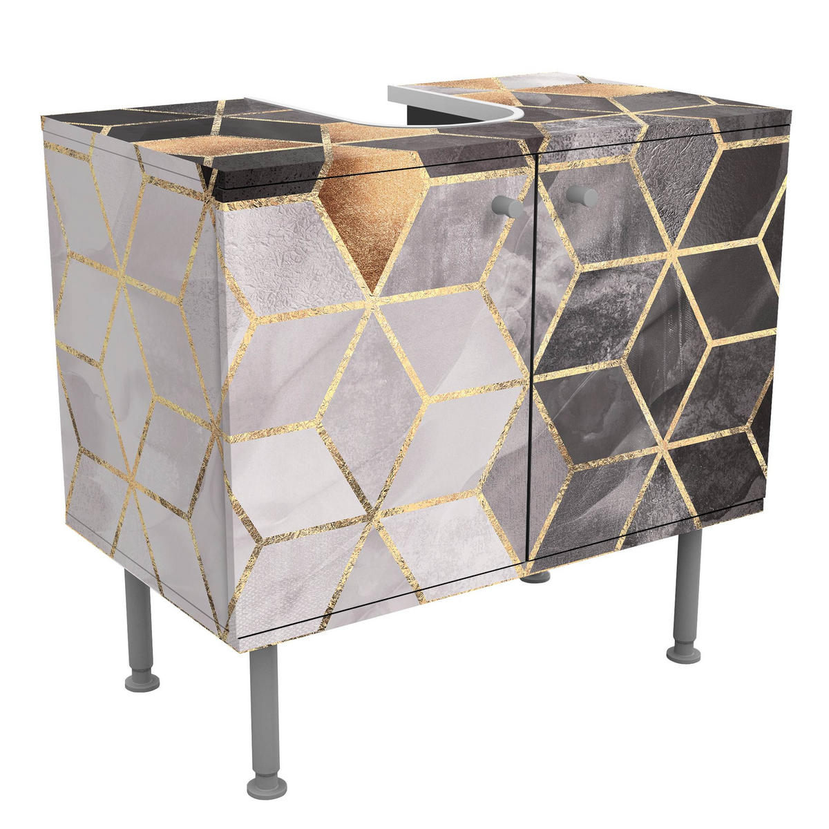 WASCHBECKENUNTERSCHRANK Schwarz Weiß goldene Geometrie 60/55/35 cm - Schwarz, Holzwerkstoff (60/55/35cm) - Bilderwelten