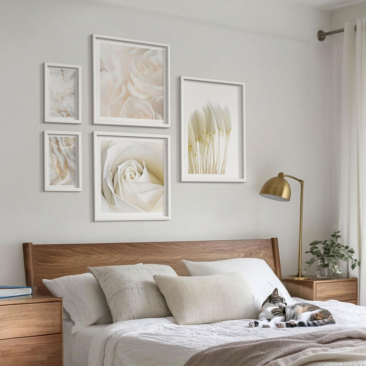 BILDER SET 5er Set - 50x50 cm & 20x30 cm & 40x60 cm Weißer Rahmen - Elegante Marmormuster - Weiß, Kunststoff (40/60cm) - TULUP