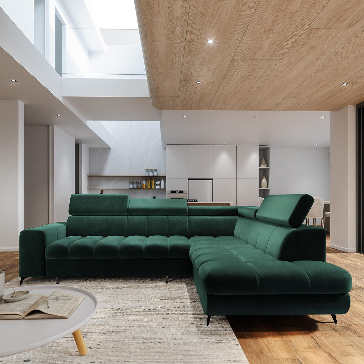 ECKSOFA MORIVA R-S Grün Velours-Stoff mit Schlaffunktion - Grün, Holz (253/190cm) - MASSENO