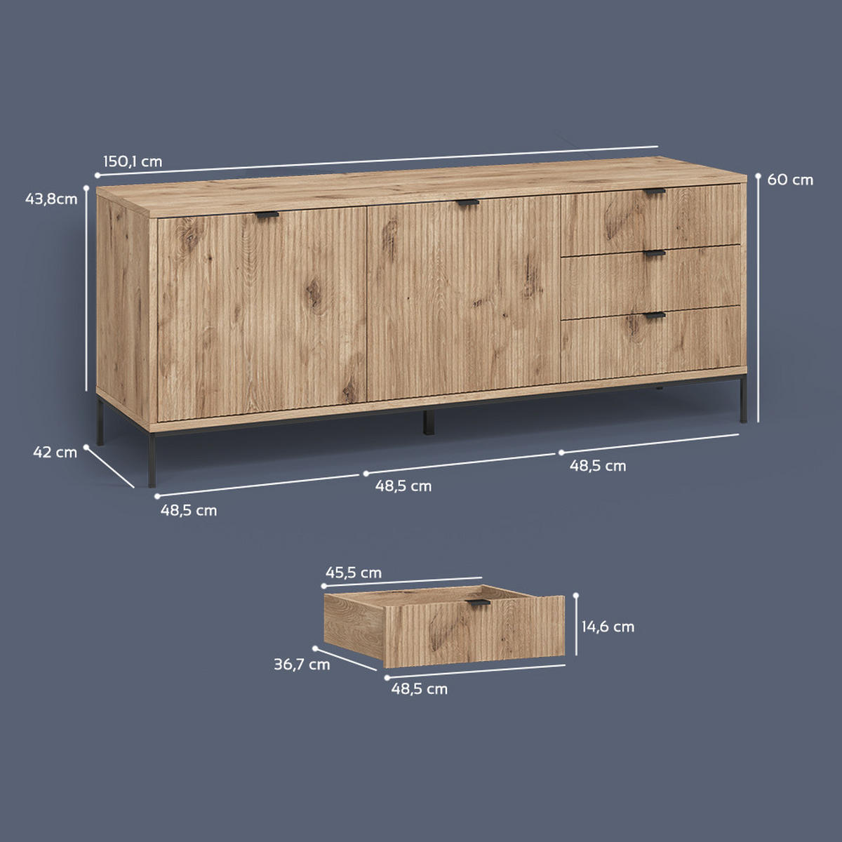 LOWBOARD Aterno Viking Oak 150 x 60 cm mit 3 Schubladen, 2 Türen - Eichefarben, Holzwerkstoff (150/60/42cm) - Livinity®