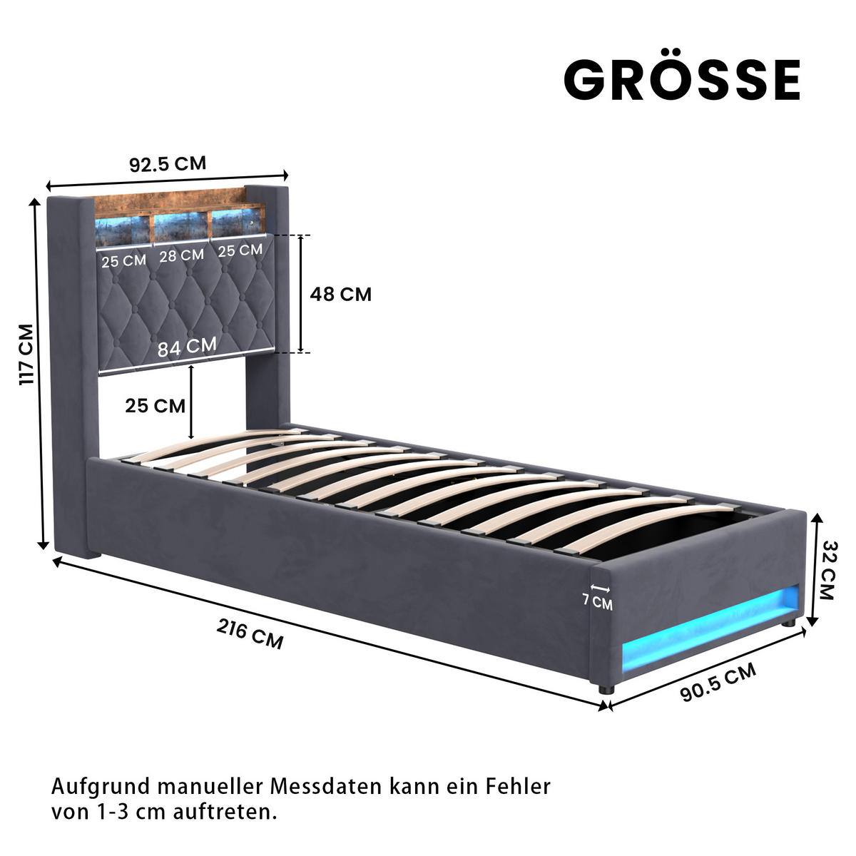 POLSTERBETT 90/200 cm Grau mit LED-Lichtleiste und USB-Anschlüssen - Grau, Holzwerkstoff (90/200cm) - OKWISH
