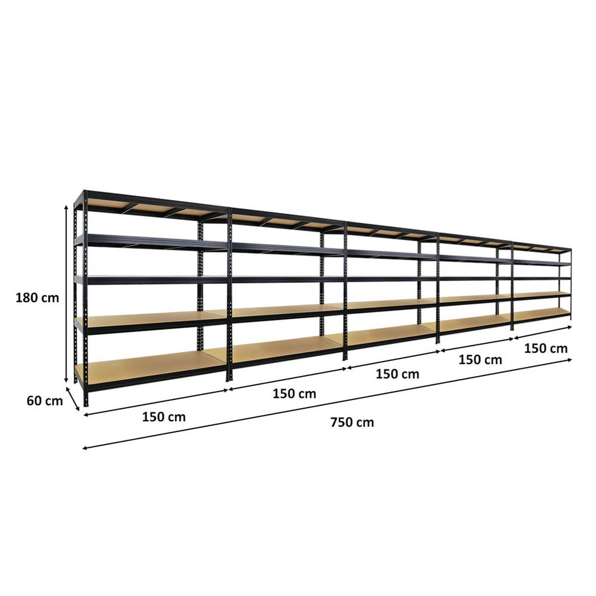 SCHWERLASTREGAL 5er-Set Rivet 180x150x60cm Fachlast 250kg Schwarz - Schwarz, Metall (750/180/60cm) - PROREGAL