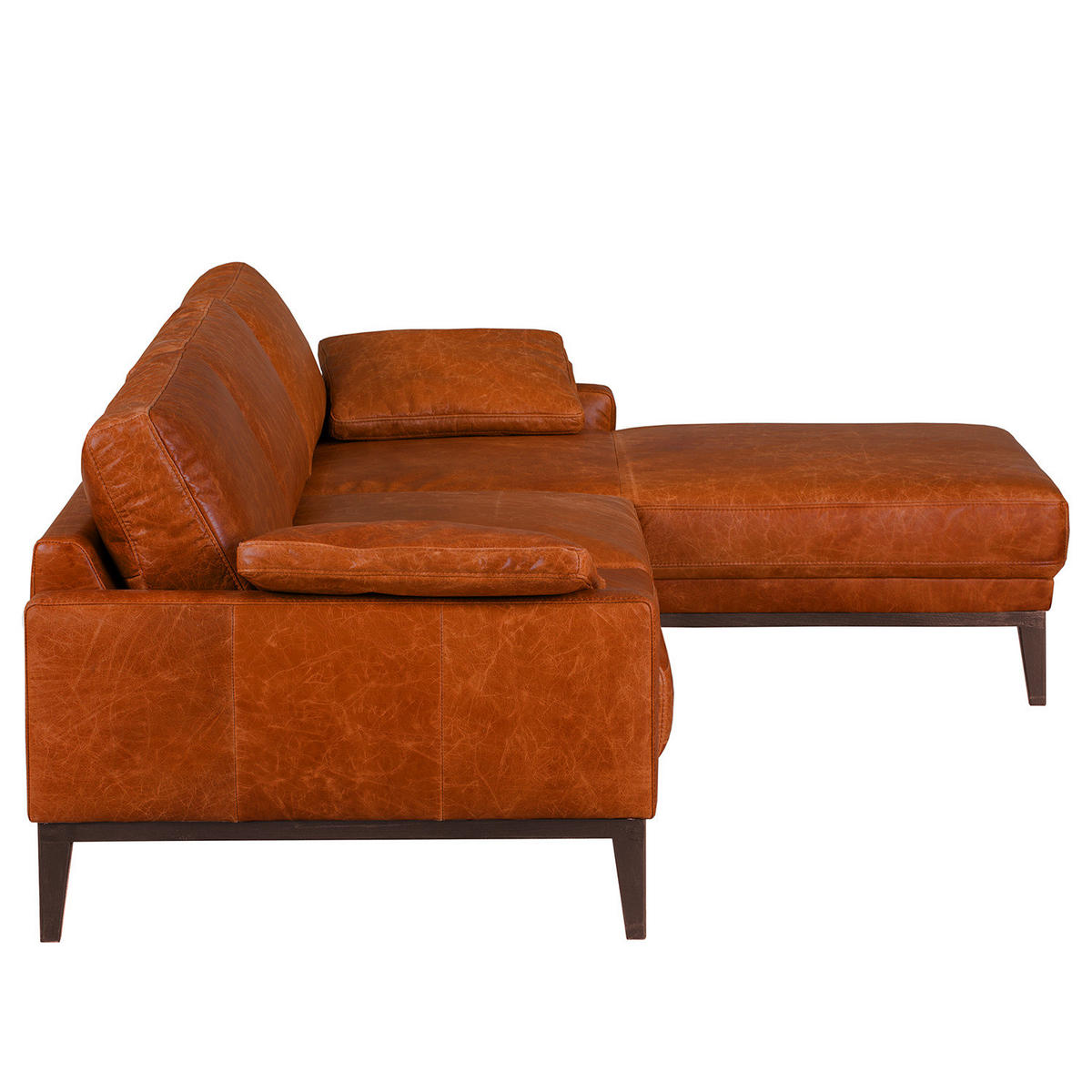 ECKSOFA mit Longchair - Cognac/Dunkelbraun, Leder/Holz (249/171cm) - home24
