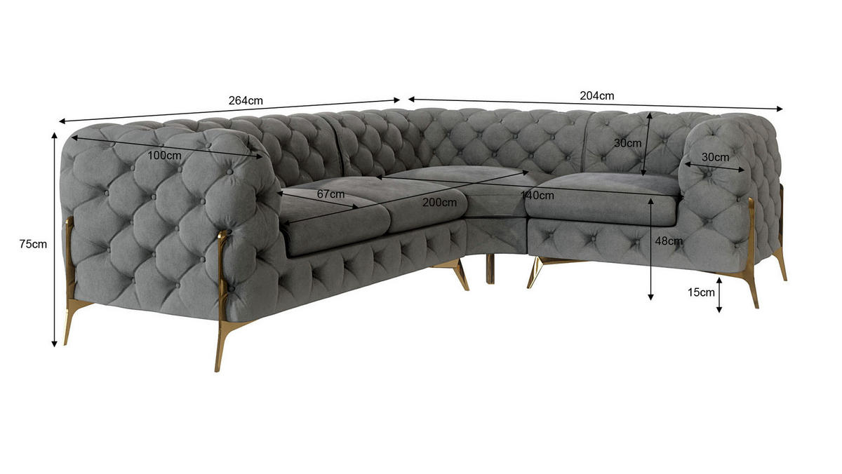 ECKSOFA Chesterfield Lexi Grau Samt, Ottomane rechts - Goldfarben/Grau, Holz/Textil (264/204cm) - S-Style Möbel