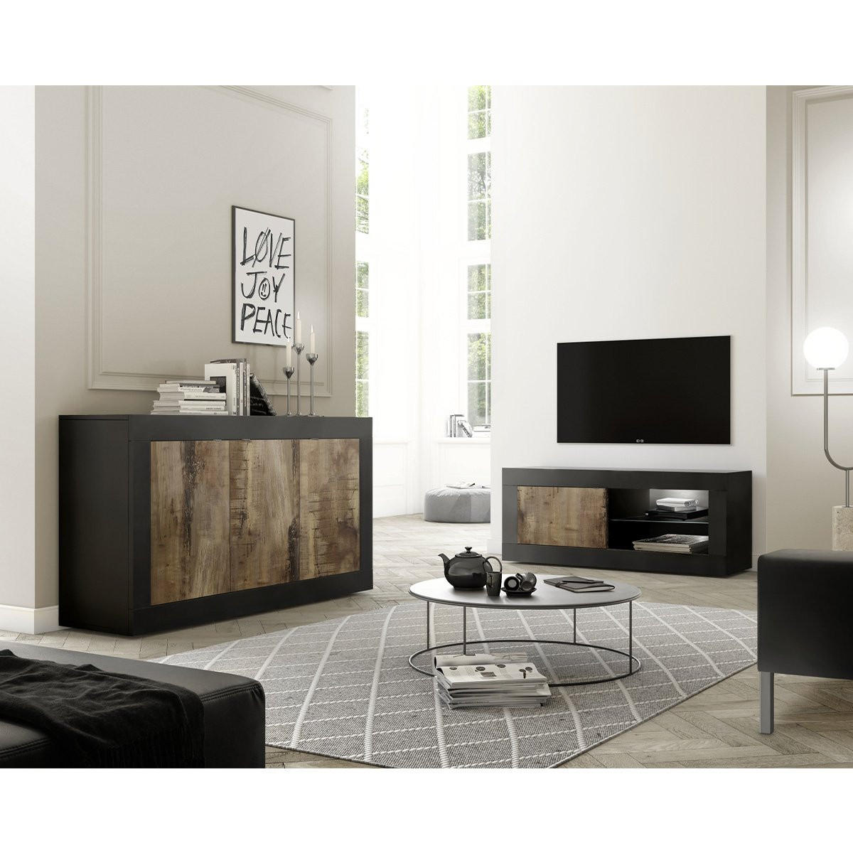 BUFFET 3 Türen Initial - L160 cm - Hellbraun/Schwarz, Holzwerkstoff (42/85.8/160cm) - Calicosy
