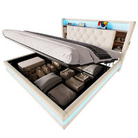 BOXBETT 160/200 mit LED/USB, Kopfteil-Regal & Hydraulik, Samt, Beige - Beige, Holz (160/200cm) - LVHOM
