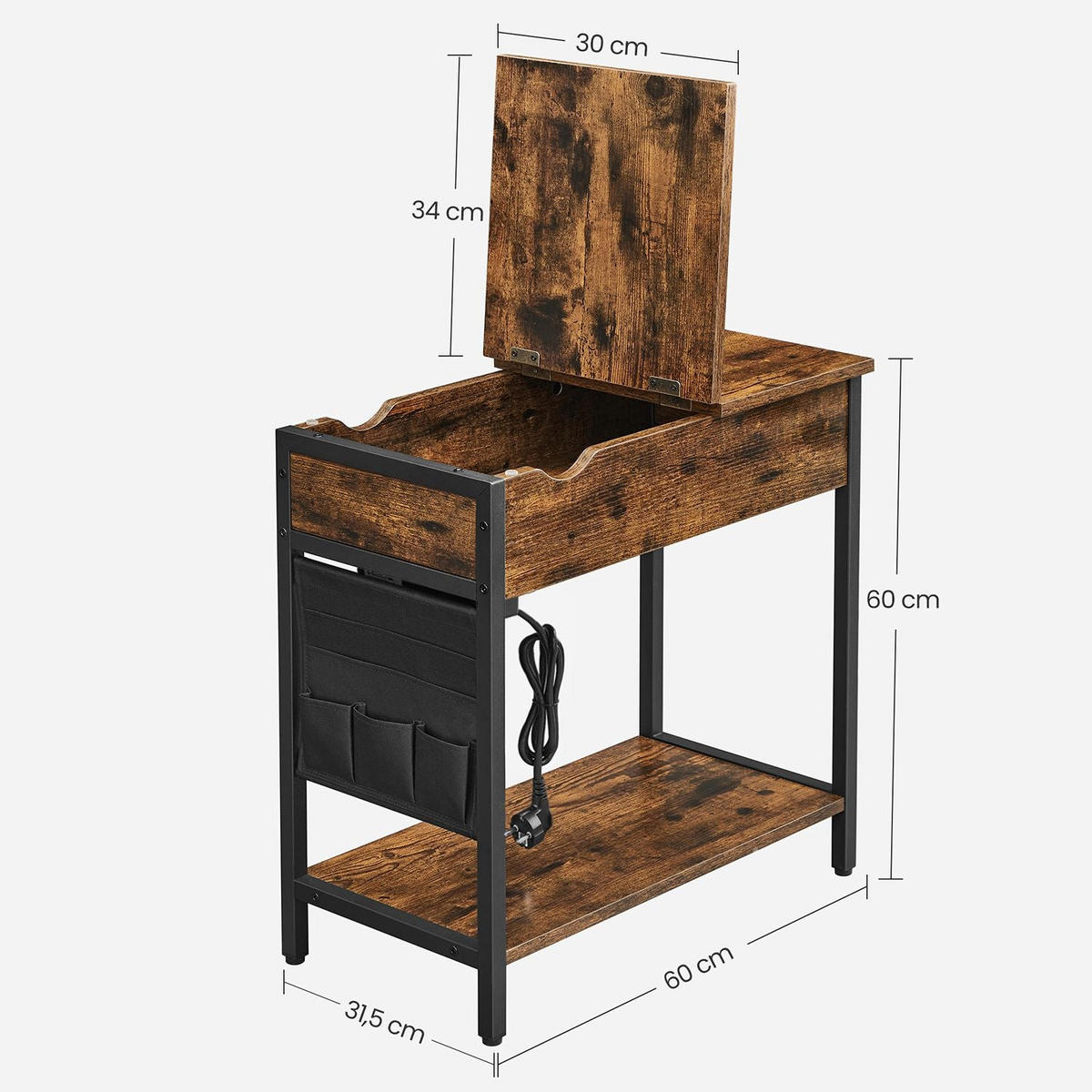 BEISTELLTISCH NACHTTISCH MIT STECKDOSEN - Braun, Holzwerkstoff (60/31.5/60cm) - Hansiro