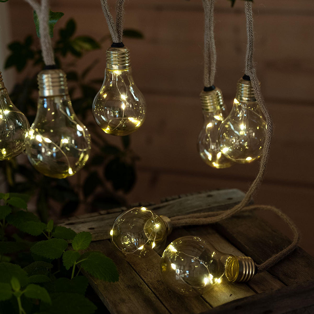 LED AUSSENLEUCHTE Solar Lichterkette Braun Hanfseil - Braun, Kunststoff (570/6/10.6cm) - Globo Lighting