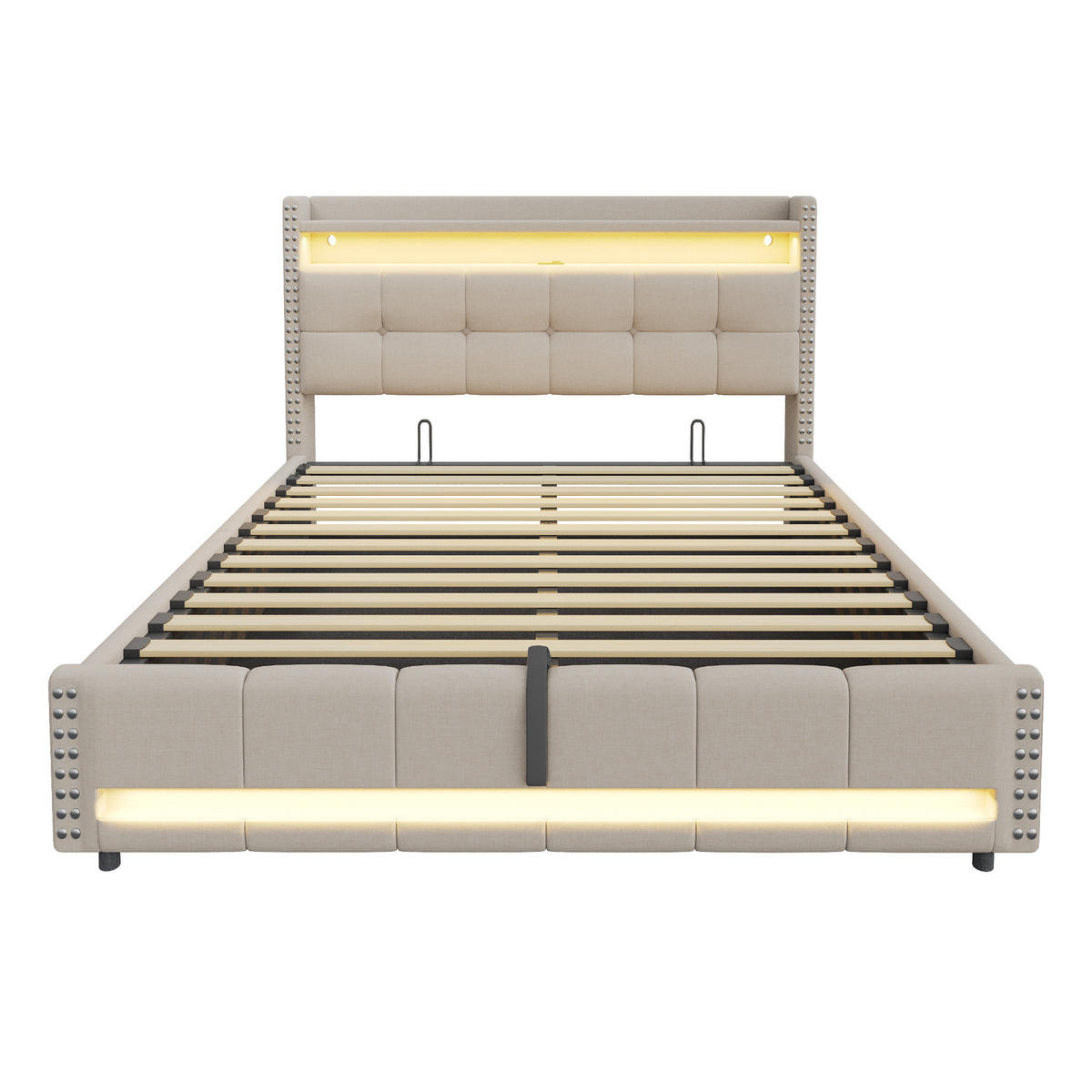 POLSTERBETT 180/200 cm Beige mit LED-Beleuchtung und USB- und Type-C-Anschlüssen - Beige, Textil (180/200cm) - OKWISH