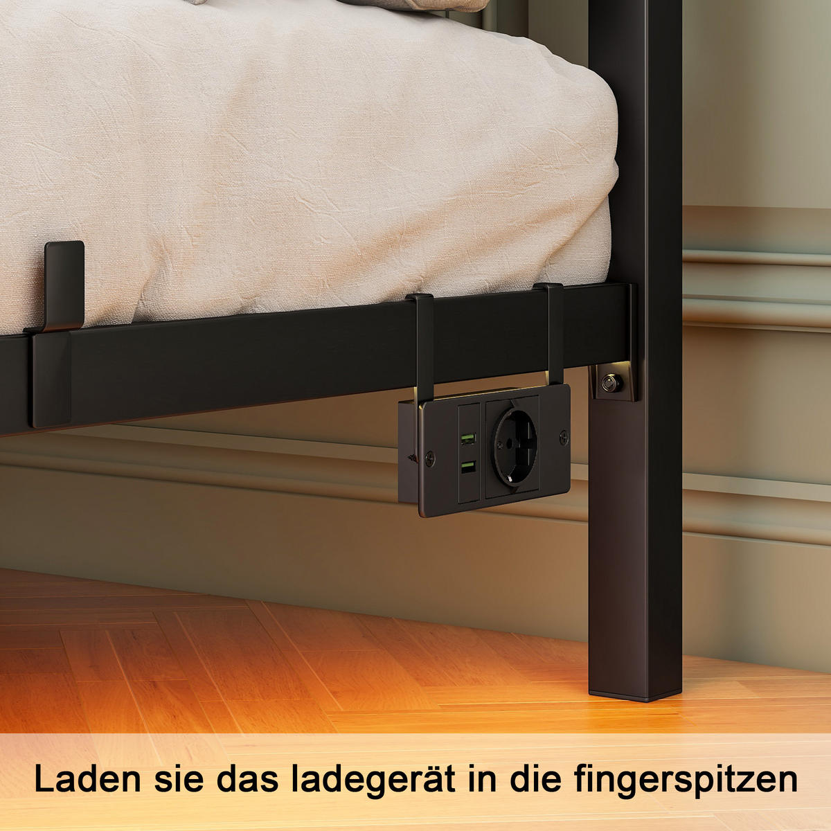 METALLBETT 140x200 cm LED USB Kopfteil - Schwarz, Metall (140/200cm) - LEBENLANG