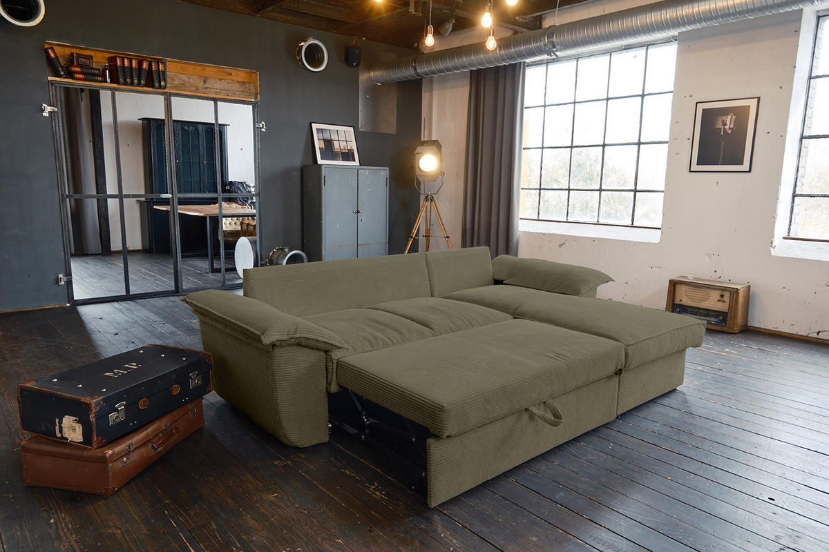 ECKSOFA DAMETO Grün Cord - Schwarz/Olivgrün, Kunststoff/Textil (266/174cm) - KAWOLA