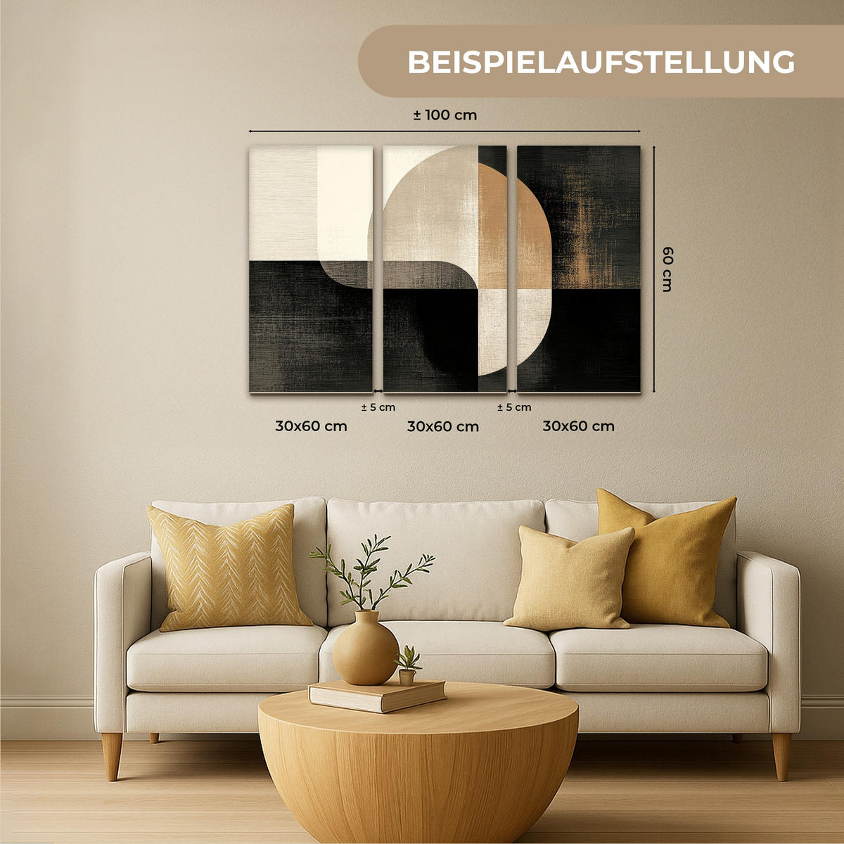 LEINWANDBILD 3er Set Formen - Abstrakt - Gold 90x60 cm - Schwarz, Textil (90/60cm) - MuchoWow