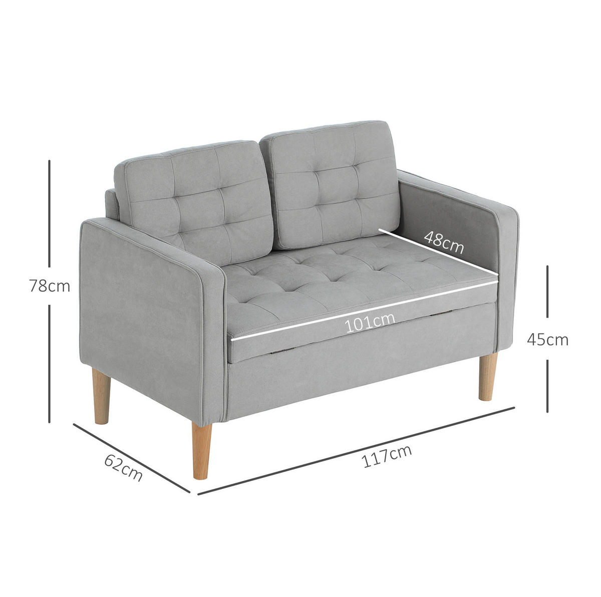 2-SITZER Sofa Samt mit Stauraum 117/62/78 cm Hellgrau - Hellgrau, Textil (62/78/117cm) - Redom