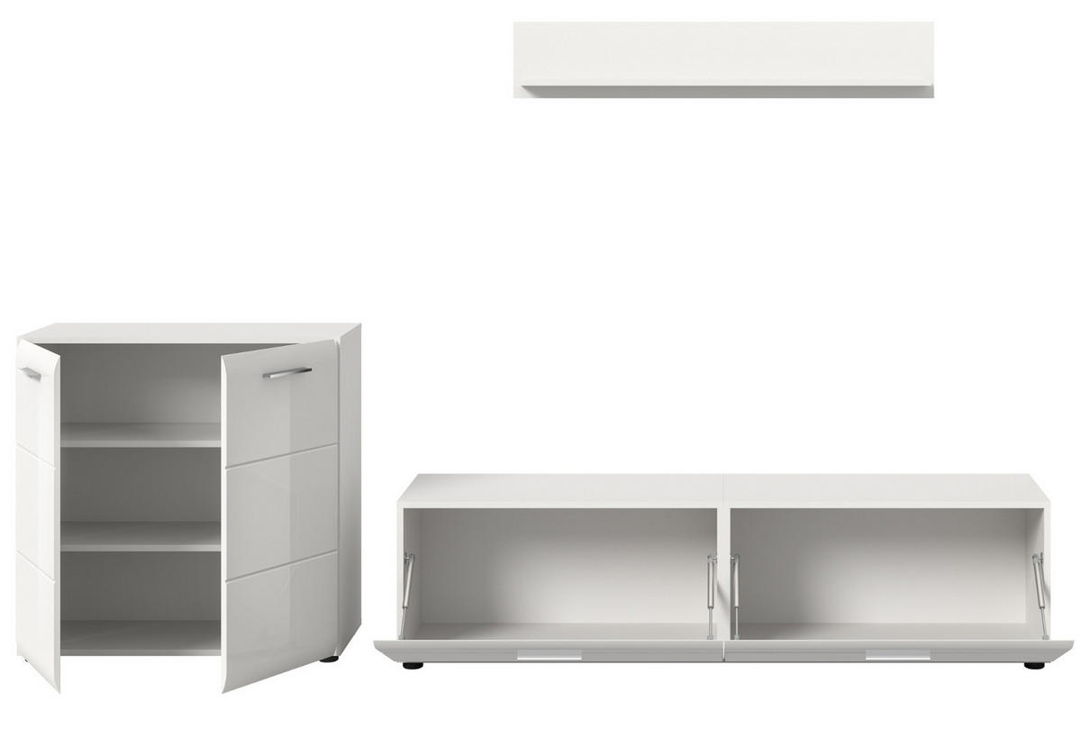 WOHNWAND weiß Hochglanz 3-teilig 255 cm, Schrankwand modernes Design - Weiß Hochglanz/Silberfarben, Glas/Holzwerkstoff (255/160/41cm) - Inn.Furn