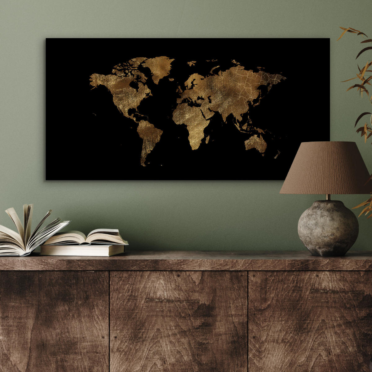 KOVOVÝ OBRAZ Mapa sveta - Zlato - Luxus - Zem - Čierna 80x40 cm - zlatá, kov (80/40cm) - MuchoWow