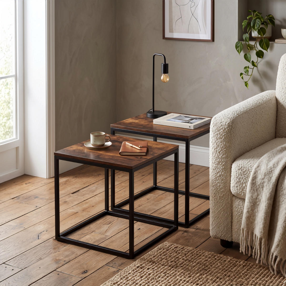 COUCHTISCH 2er-Set quadratisch Schwarz, Dunkelbraun - Braun, Metall (50/50/50.5cm) - SCENA LIVING