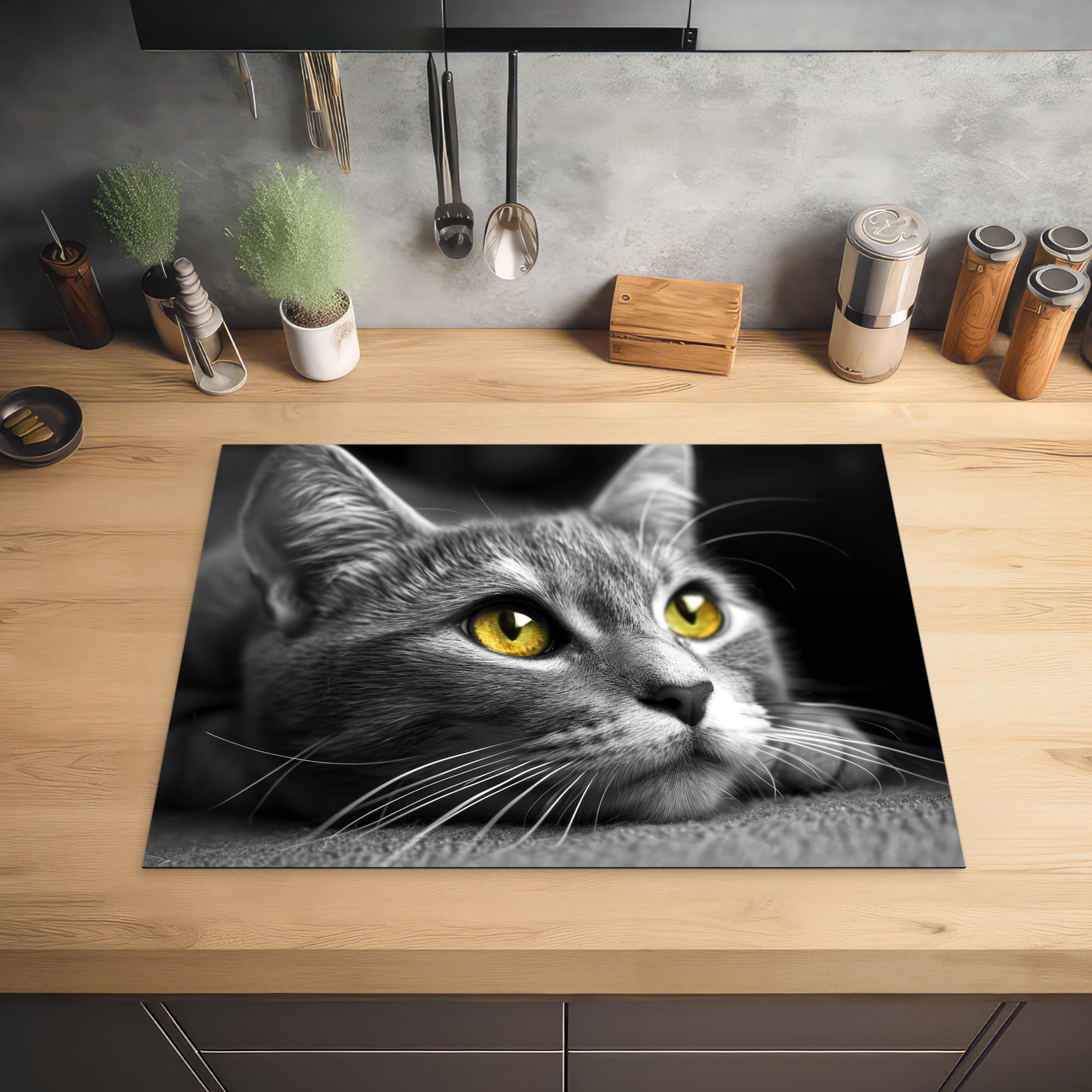 HERDABDECKPLATTE Katze - Grau - Tiere - Katze 71x52 cm - Grau, Kunststoff (71/0.2/52cm) - MuchoWow