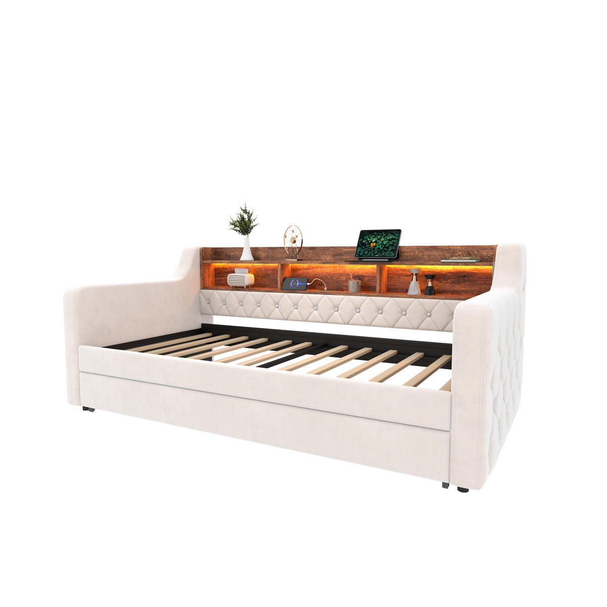 BETT 90/190 cm aus Samt mit Stauraum LED-Ambiente & USB-Type-C-Anschluss Beige - Beige, Textil (90/190cm) - OKWISH