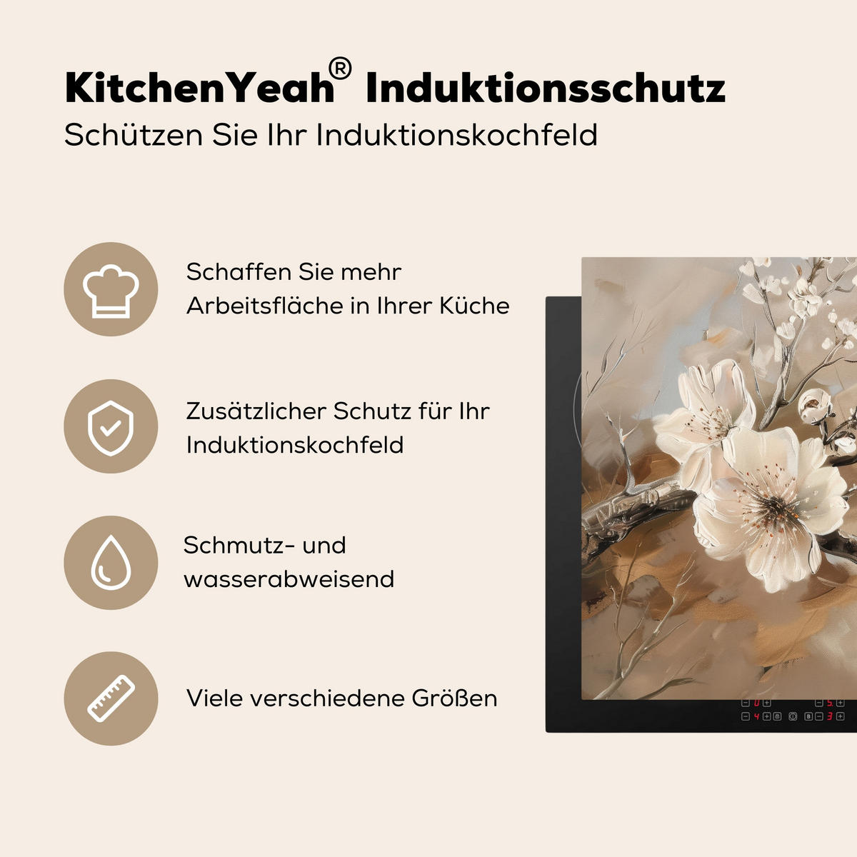 HERDABDECKPLATTE Blumen - Abstrakt - Gemalt - Beige 77x51 cm - Beige, Kunststoff (77/51/0.2cm) - MuchoWow