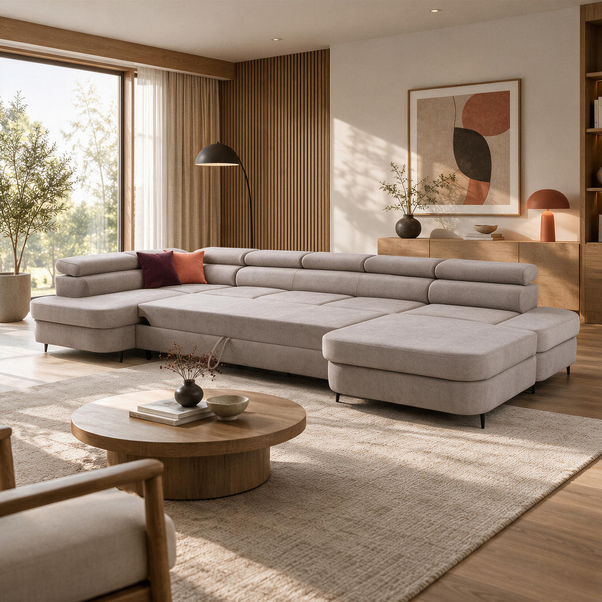 ECKSOFA U-Form PRIAM MAXI U Links mit Schlaffunktion 125x317 Velours Beige - Beige/Schwarz, Holz/Textil (203/91/400cm) - Muffo