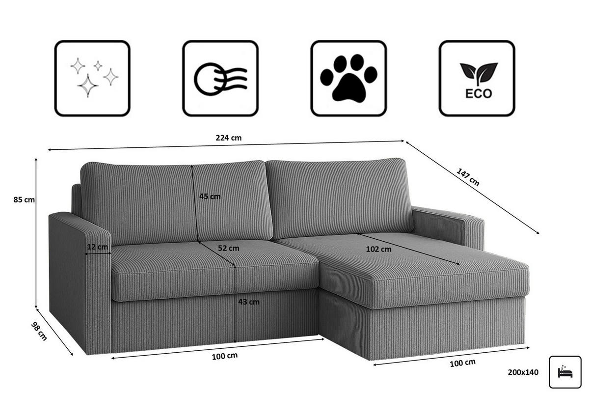 ECKSOFA Mit Schlaffunktion Und Bettzeugablage LUBEKA Stoff Poso Silber Rechts - Silberfarben, Holz/Textil (224/147cm) - Kaiser Möbel
