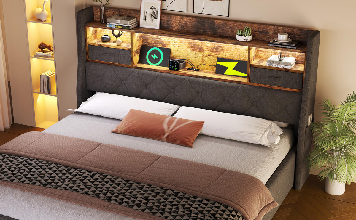 POLSTERBETT 180/200 cm in Grau Leinen mit Bettkasten, LED, USB und Type-C - Grau, Holzwerkstoff/Textil (180/200cm) - WISHDOR