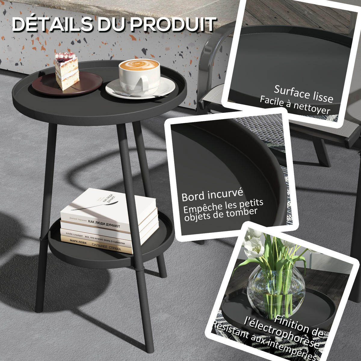 GARTENBEISTELLTISCH DE-14112 2 Ebenen Schwarz - Schwarz, Metall (32/32/51cm) - ComfortXL
